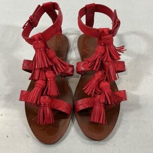 NEW!! Women’s Tory Burch Weaver Red Leather Tassel Flat Sandals Size 8.5M